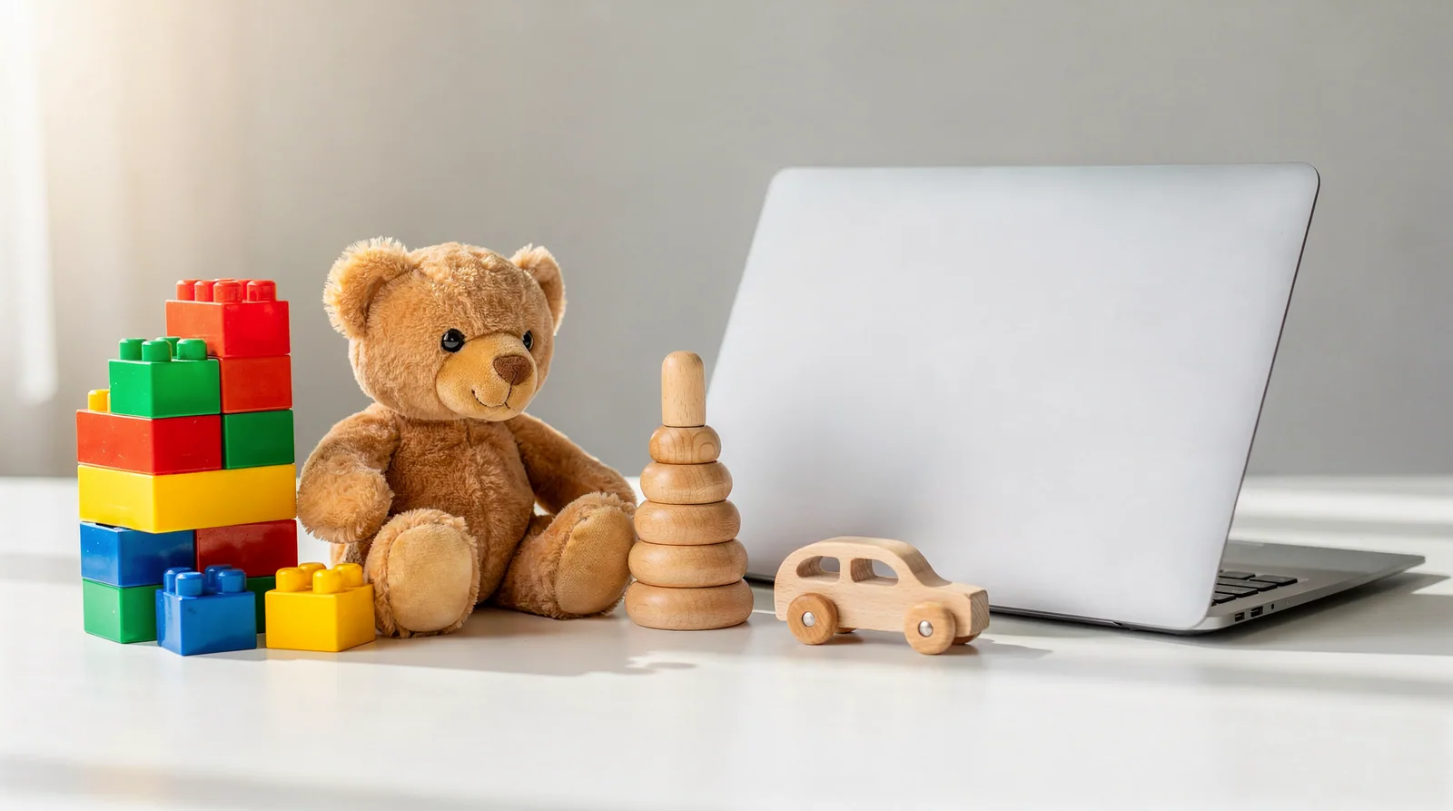 Kolorowe klocki, pluszak i drewniane zabawki obok laptopa - sklep z zabawkami online